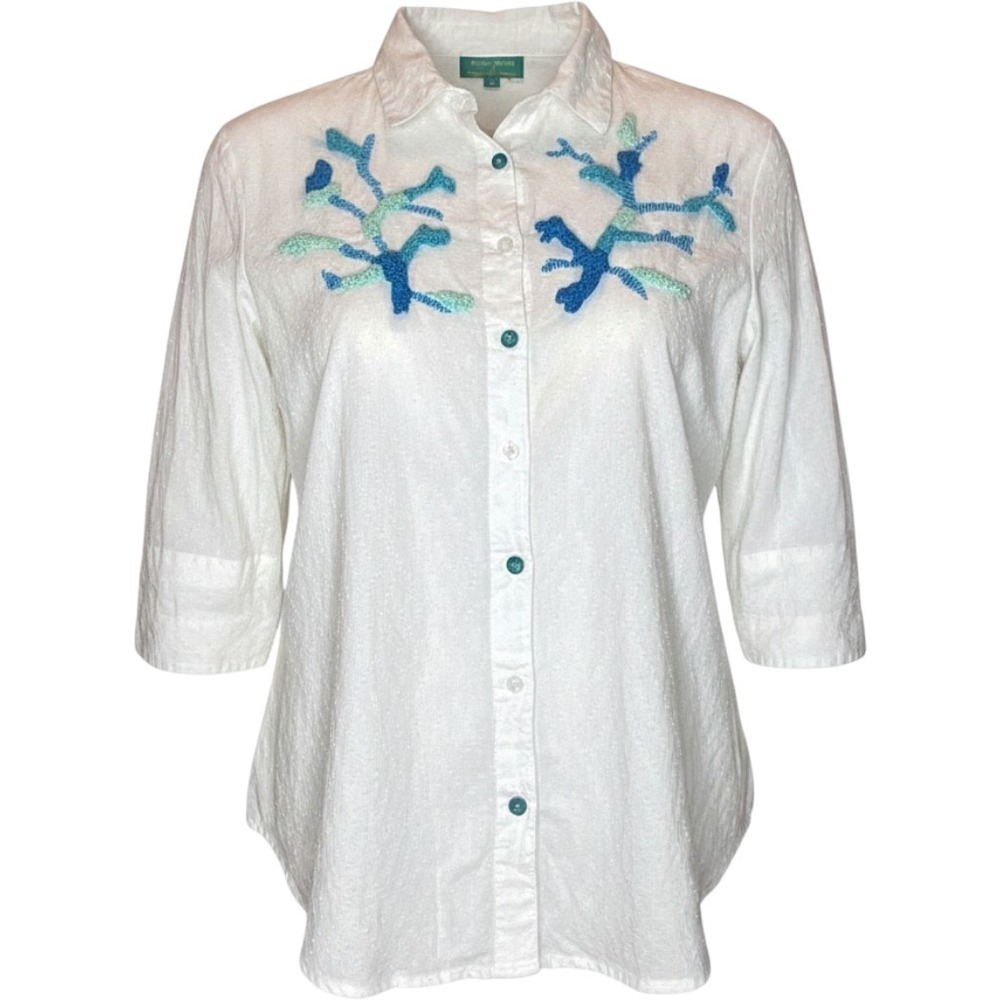 Antica Sartoria Giancomo Cinque white blue beaded embroidered blouse cotton S